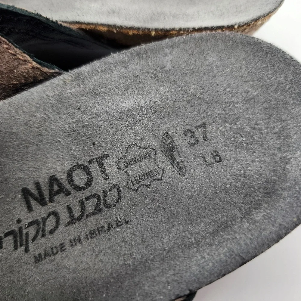 Naot Kayla Wedge Sandals Womens 37 US 6 Black Leather Cork Footbed